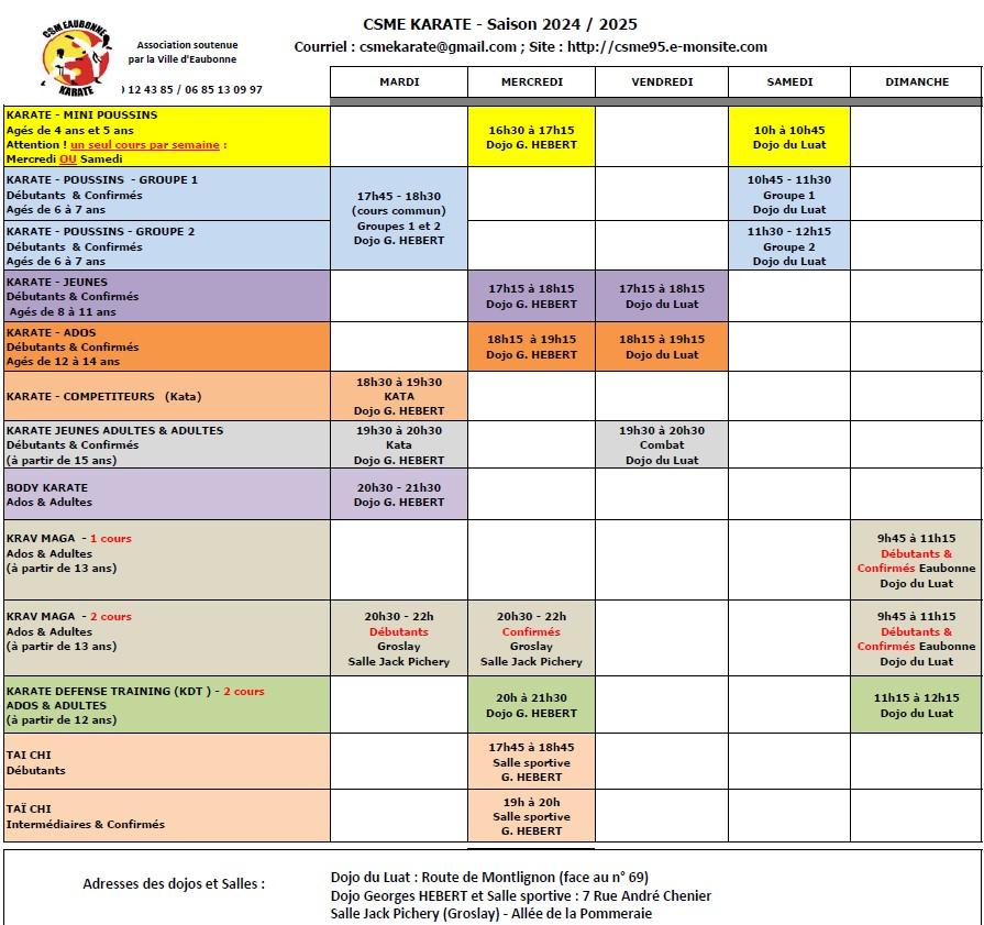 Planning csme karate saison 2024 25